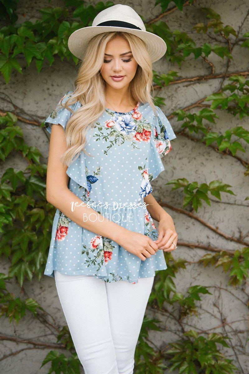 Polka Dot Floral Peplum Ruffle Top