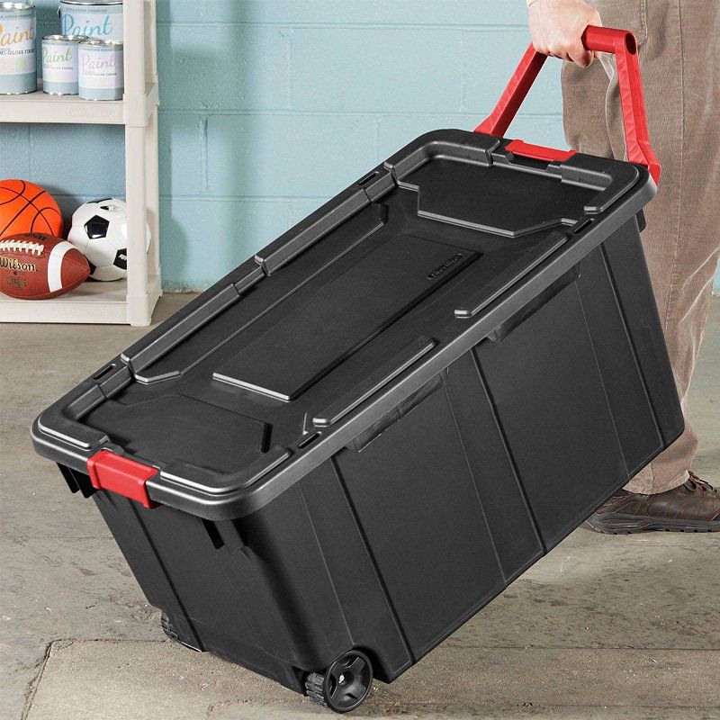 Sterilite 40 Gal Wheeled Industrial Tote Stackable Bin With Latch Lid， 2 Pack