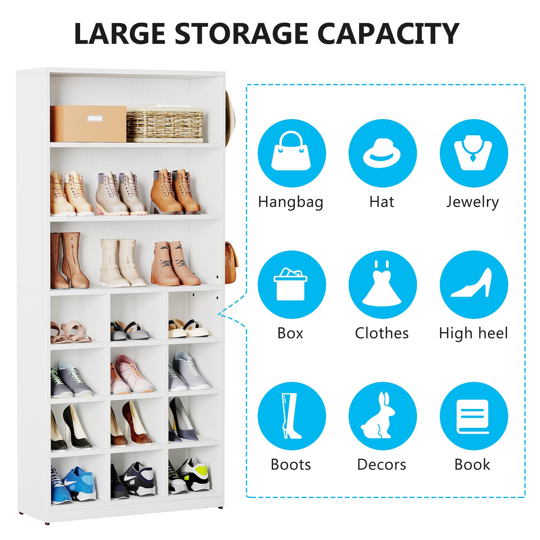 Freestanding Shoe Cabinet, 24 Pair Shoe Rack with Side Hooks