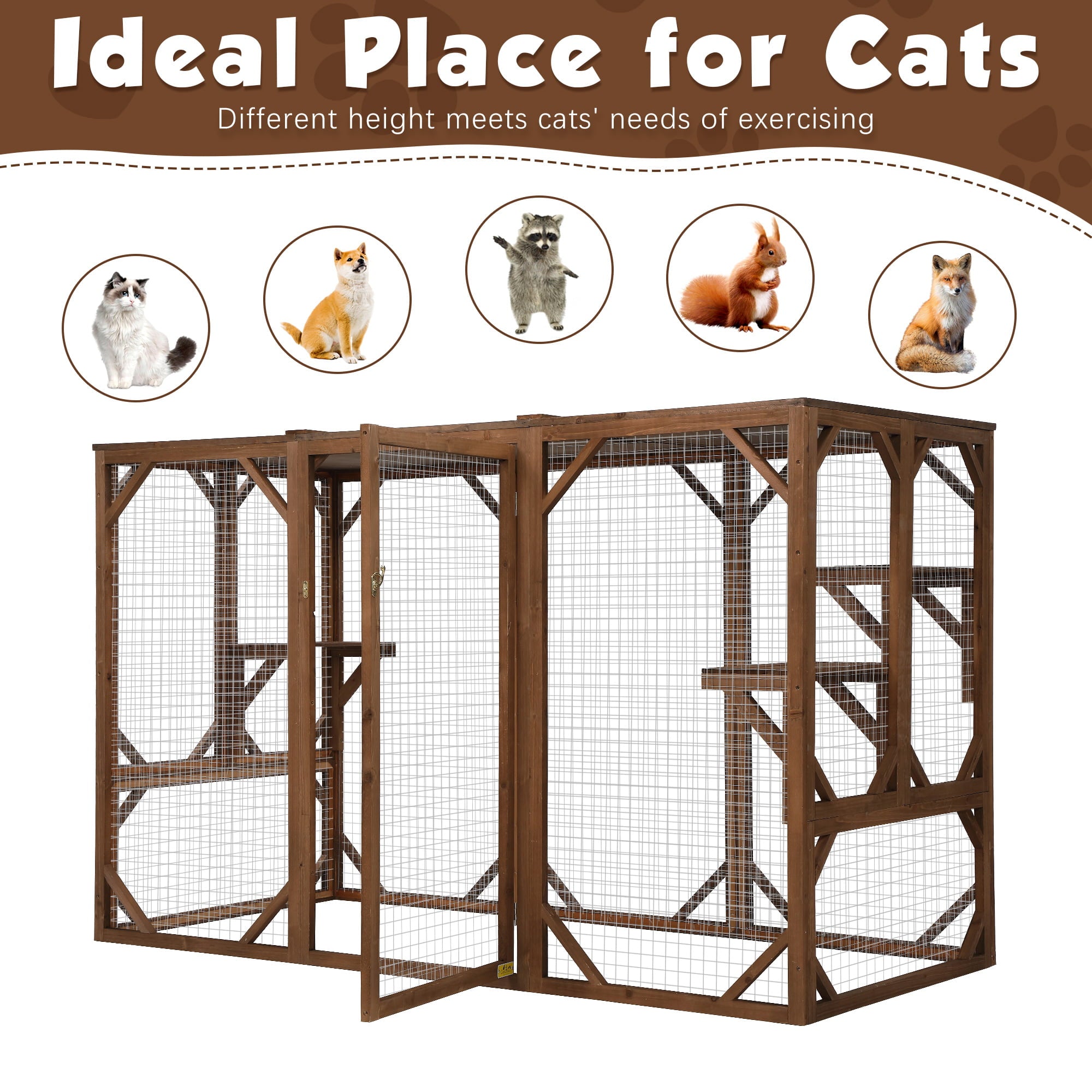 Coziwow Outdoor Cat House Enclosure Pet Cage Catio W/ Asphalt Roof， 3 Platforms， Gray