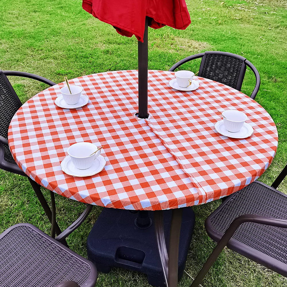 Vinyl Round Fitted Tablecloth With Umbrella Hole Table Cover With Flannel Backing Oil&Waterproof Wipeable Vibrant Colors Elastic Edge Table Cover - Red & White Grid 36-44"