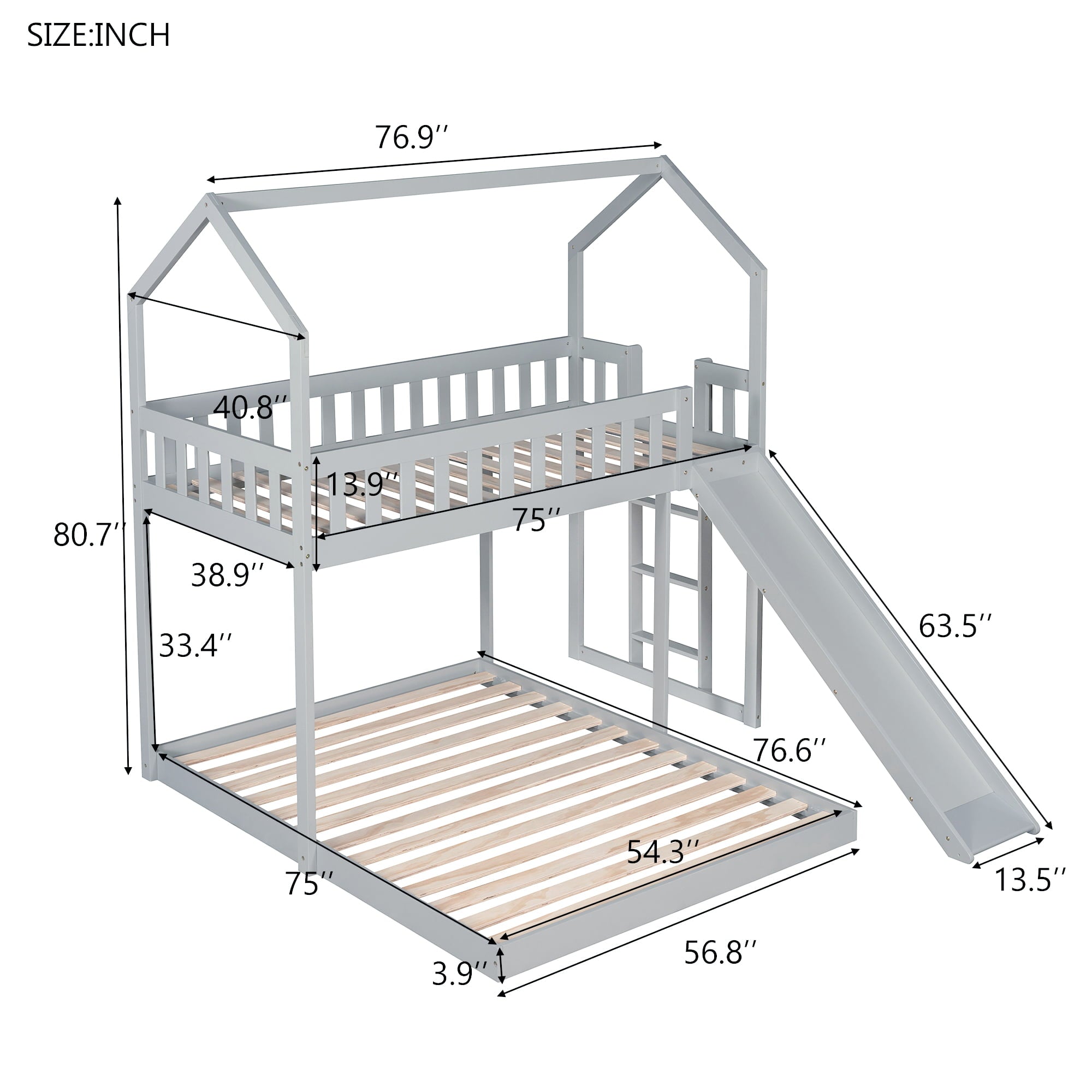 Modern Wood Twin over Full House Bunk Bed for Kids Bedroom, Gray