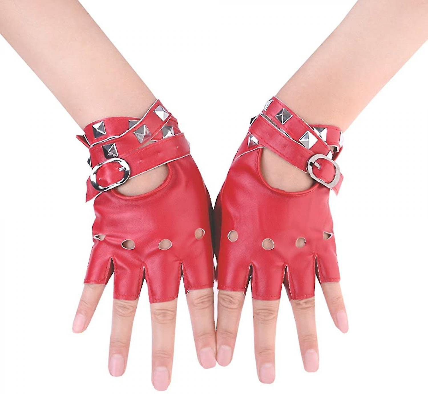 Women Pu Leather Punk Gloves Rivets Belt Up Or Snap Half Finger Performance Mittens， Red