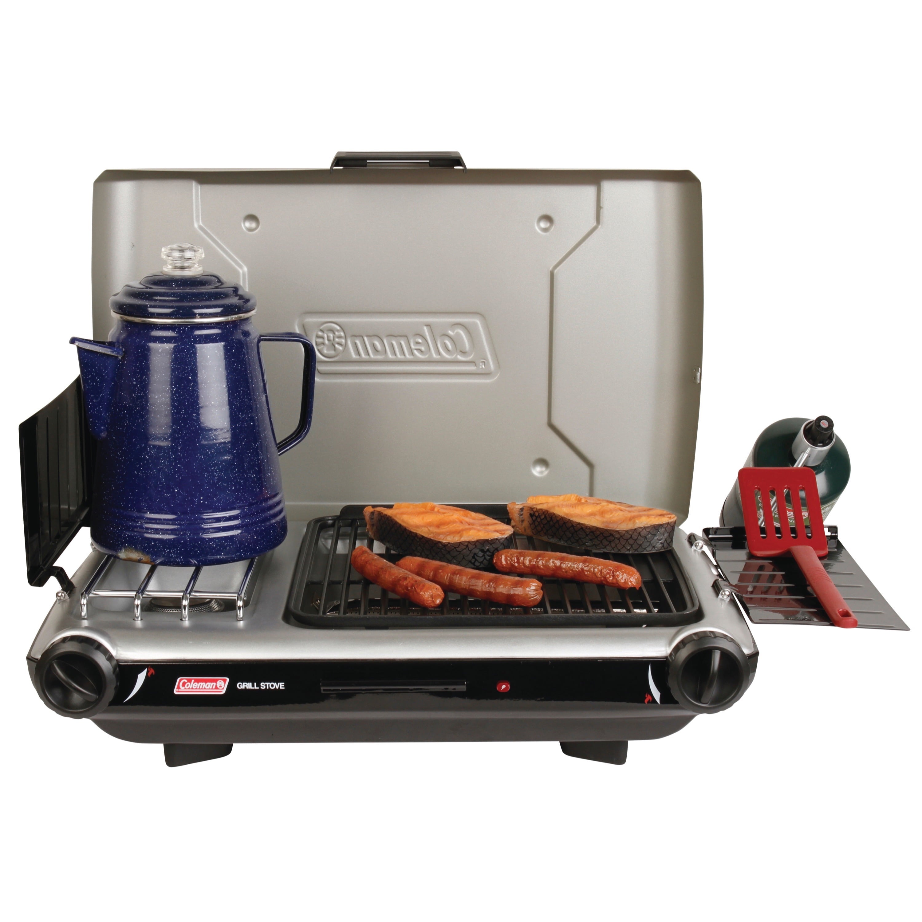 Coleman® Tabletop Propane Gas Camping 2-in-1 Grill/Stove 2-Burner, Gray, 2000038016