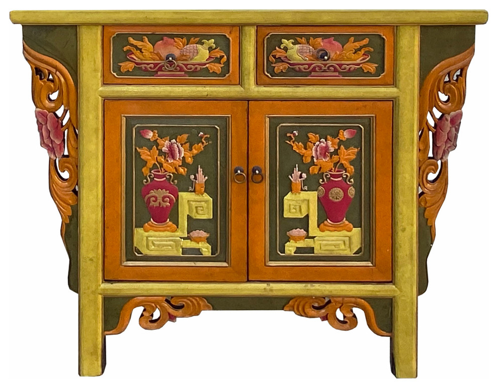 Chinese Distressed Mustard Yellow Orange Flower Carving Table Cabinet Hcs7111   Asian   Side Tables And End Tables   by Golden Lotus Antiques  Houzz