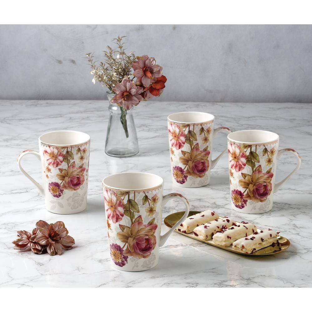 Lorren Home Trends 13 oz. Rose Floral Design Porcelain Coffee Mug (Set of 4) 400-102