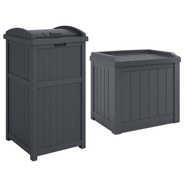 Suncast 22 gallon Outdoor Patio Backyard Deck Box Storage Bench And 30 gallon Hideaway Trash Waste Bin With Latching Lid Cyberspace