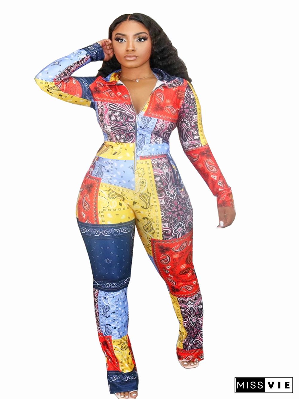 Paisley Printed Casual Long Sleeve Bodycon Jumpsuits