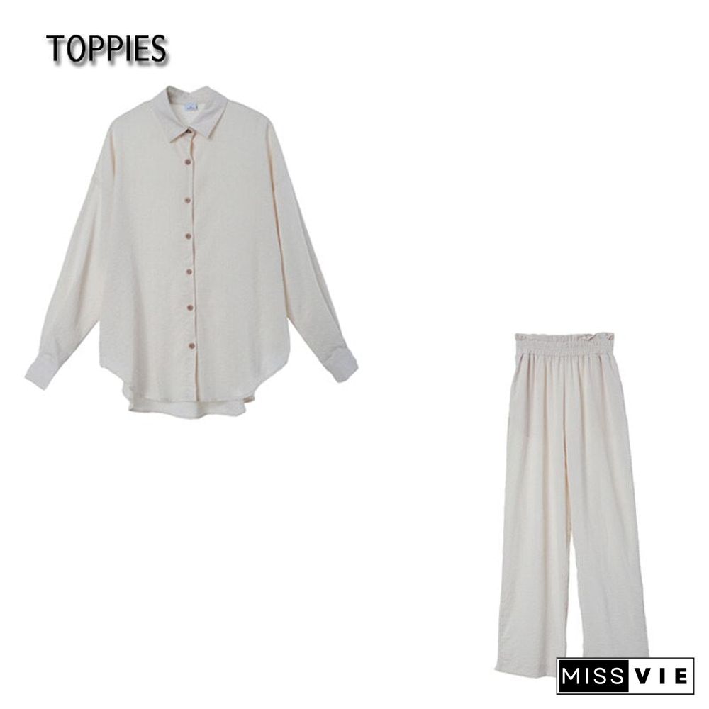 Toppies Women Two Piece Set Casual Shirt Office Lady Long Sleeve Blouse Chic Elastic Waist Summer Long Trousers Pants