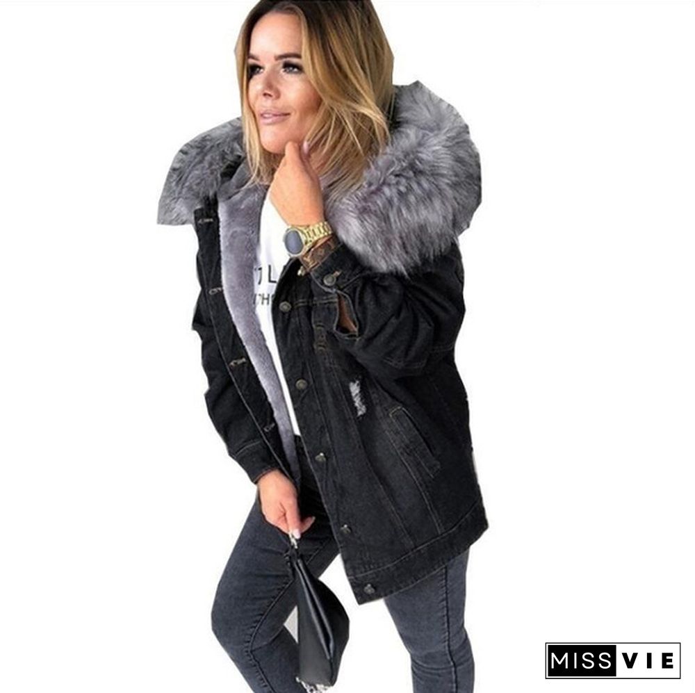 Women Winter Coat Faxu Fur Hooded Jackets Denim Jean Winter Jackets Oversized Fur Collar Denim Coat Casual Ripped Button Jacket Down Thick Denim Jacket Outwear Plus Size