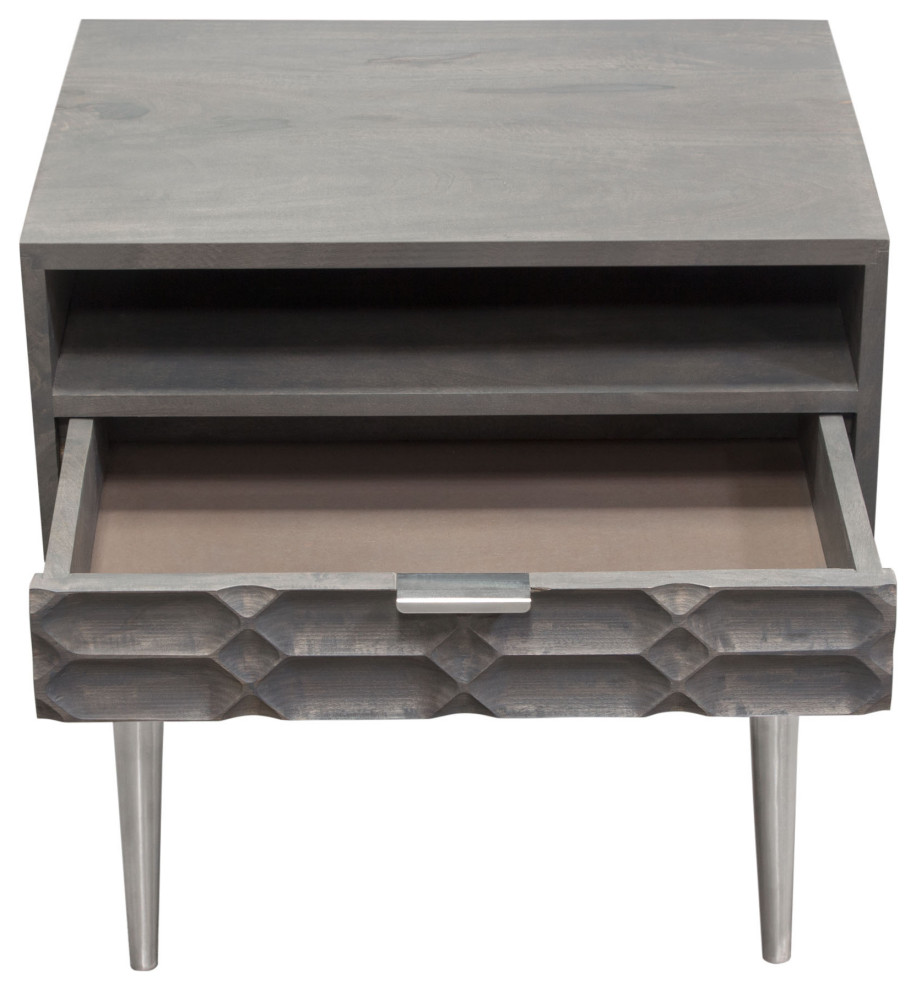 Petra Solid Mango Wood 1 Drawer Accent Table  Smoke Gray Finish With Nickel Legs   Midcentury   Side Tables And End Tables   by VirVentures  Houzz