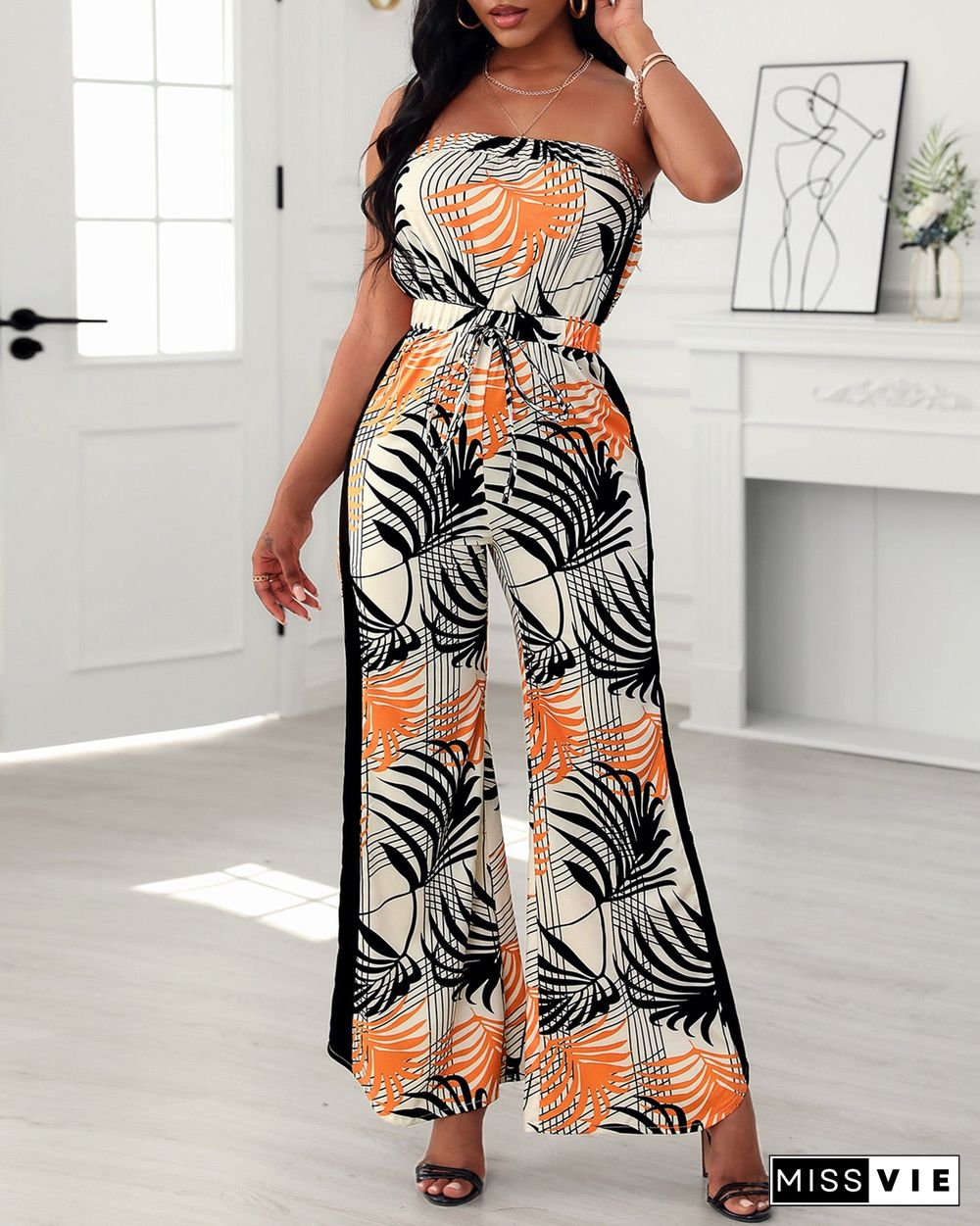 Women Summer Tropical Print Bandeau Wide Leg Jumpsuit Sleeveless Loose Sexy Beachwear Casual Female Rompers