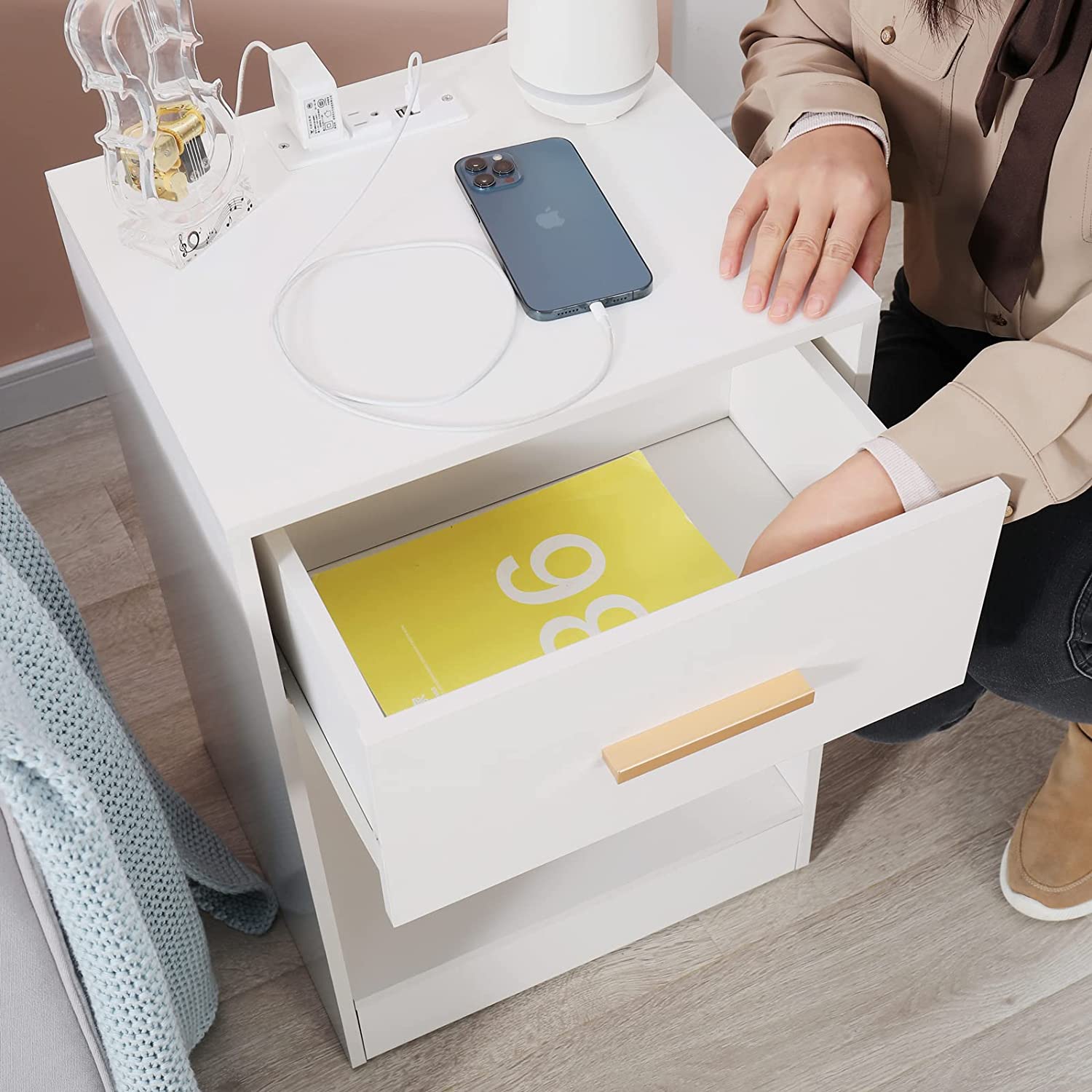 WELLAND Nightstand with Charging Station End Side Table with Storage Drawer and Open Cabinet, Bedside Table, White Finished