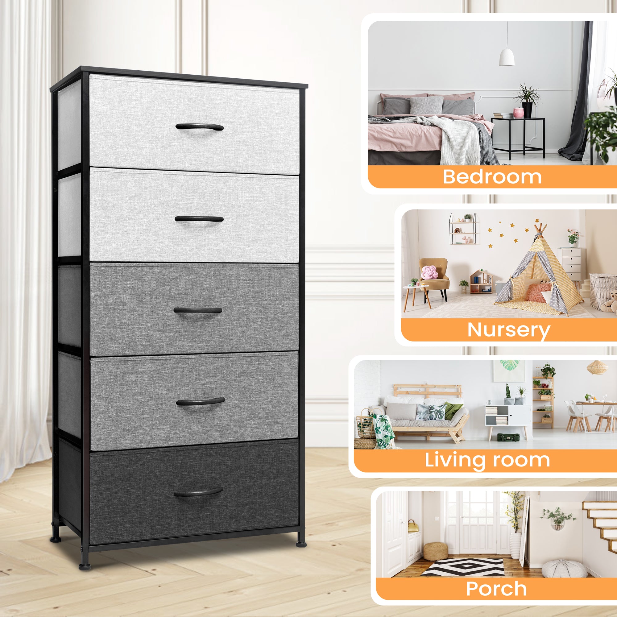 Pellebant Gray & Black 5 Drawers Vertical Dresser Storage Tower Organizer