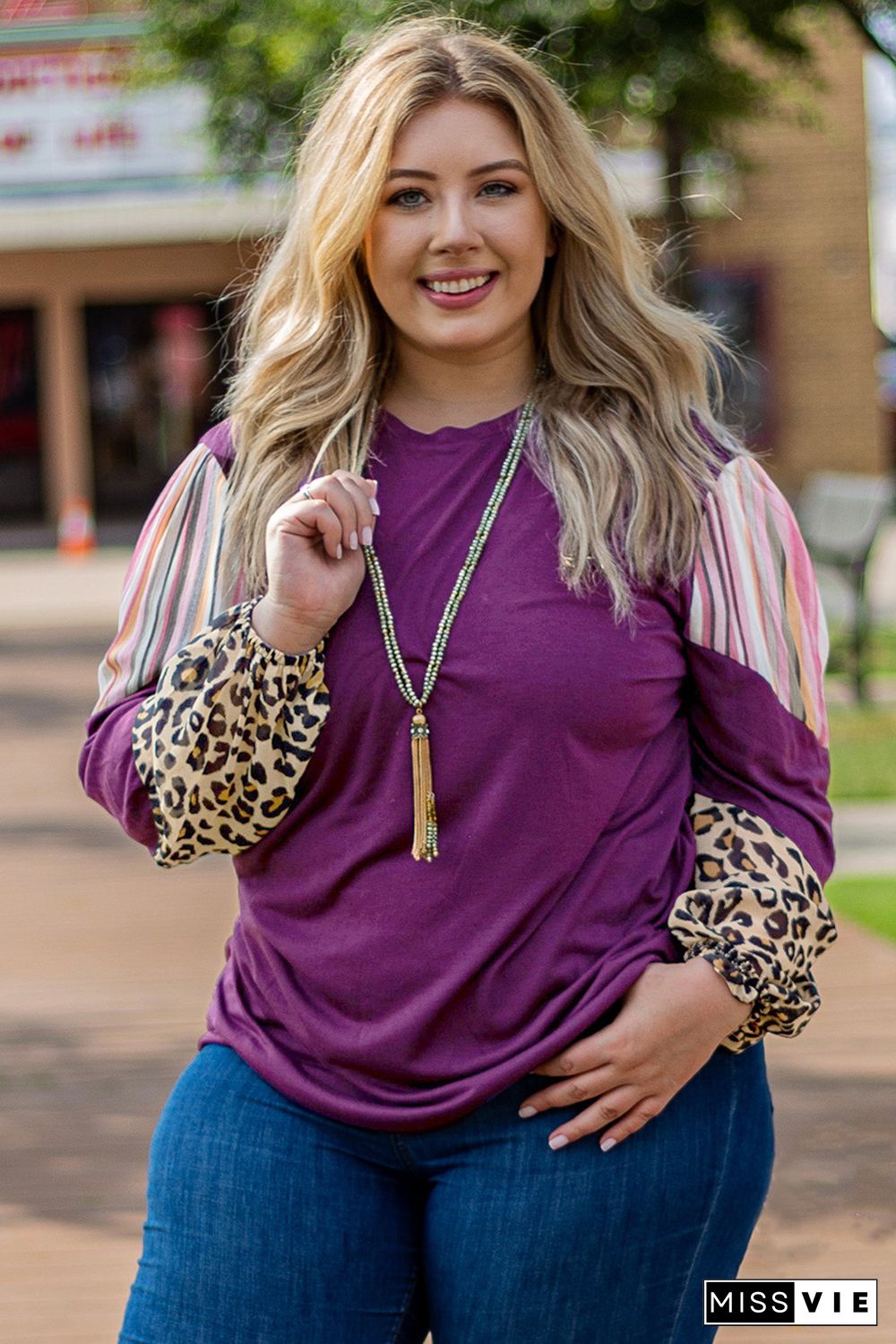 Purple Leopard Striped Color Block Plus Size Top