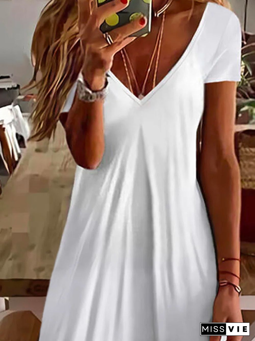 Plus size V Neck Plain Casual Short Sleeve Dress