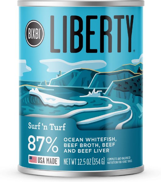 BIXBI Liberty Surf 'n Turf Ocean Whitefish， Beef Broth， Beef and Beef Liver Wet Dog Food， 12.5-oz can， case of 12