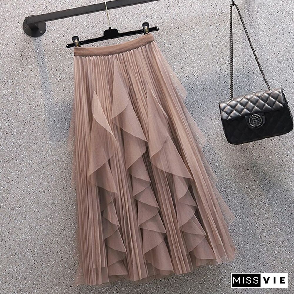 Skirts Design Ruffle Mesh Simple Skirts Women Loose Causal A Line Mujer Skirts Korean Fashion Office Style New