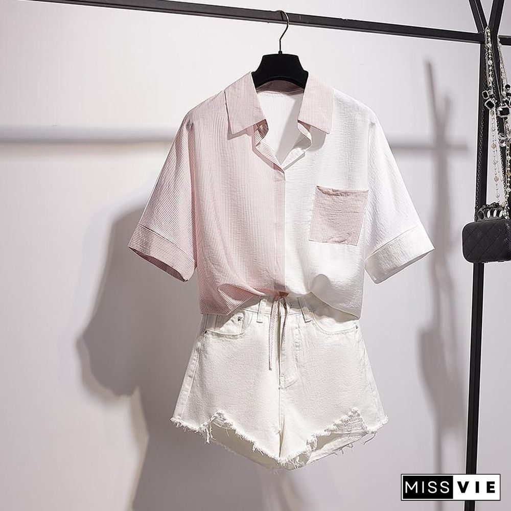 Colorblock Stripe Blouse+Denim Shorts P10994