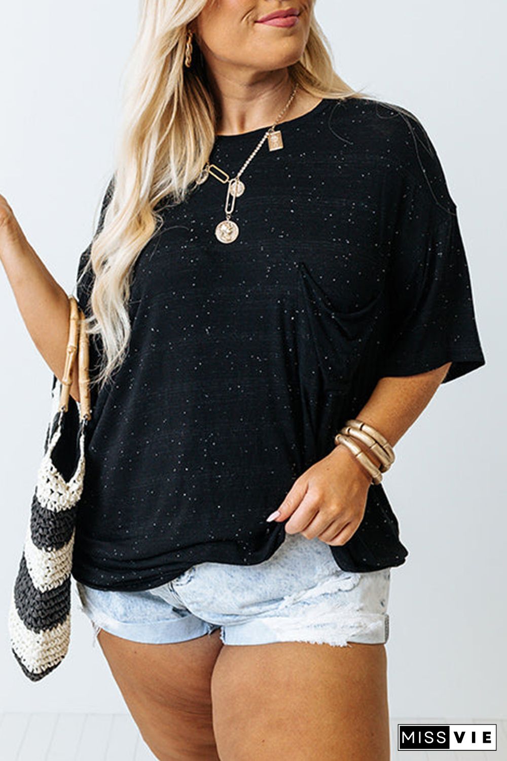 Black Splatter Allover Plus Size Pocketed T-shirt