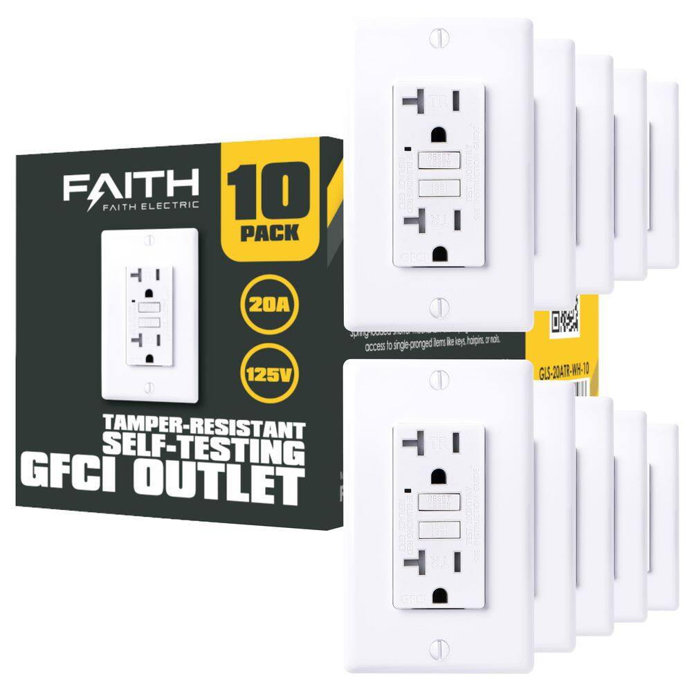 Faith 20-Amp 125-Volt GFCI Duplex Tamper Resistant Outlet GFI Receptacle with Indicator Light and Wall Plate White (10-Pack) GLS-20ATR-WH-10