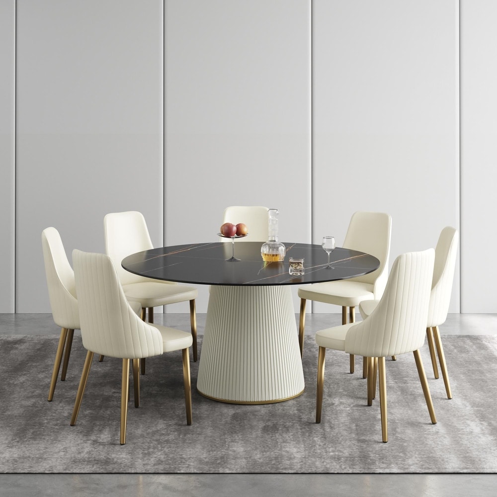 59'' Modern Round Dining Table for 8  Black Sintered Stone Tabletop with Lazy Susan