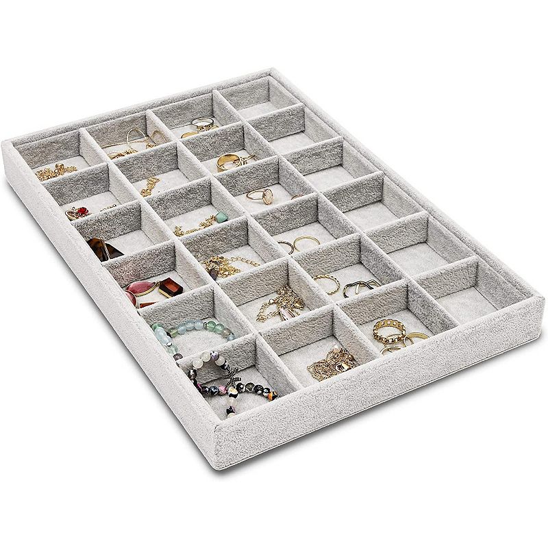 24 Grid Stackable Jewelry Tray (13.5 x 9.5 Inches， Grey Velvet)