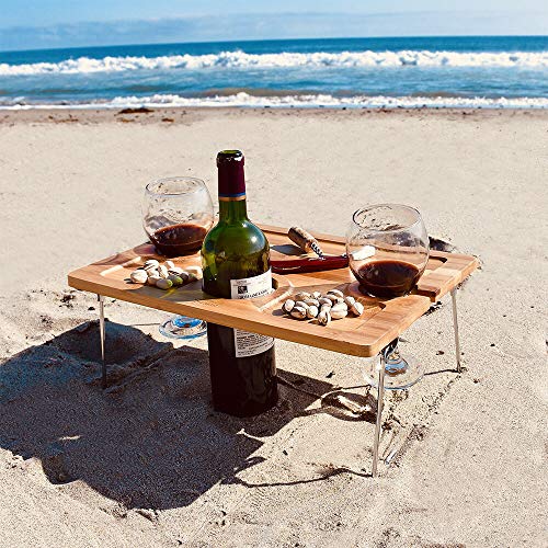 Tirrinia Outdoor Wine Picnic Table， Folding Portable Bamboo Wine Glasses and Bottle， Snack and Cheese Holder Tray for Concerts at Park， Beach， Ideal Wine Lover Gift