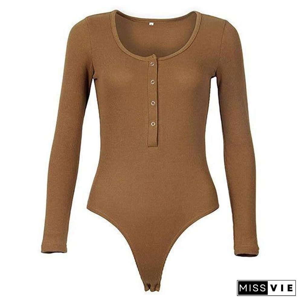 One-Piece Knitted Bodysuits Autumn Women Sexy Club Outfits V-Neck Long Sleeve Body Tops Rompers Casual Buttons Bodysuit M0446