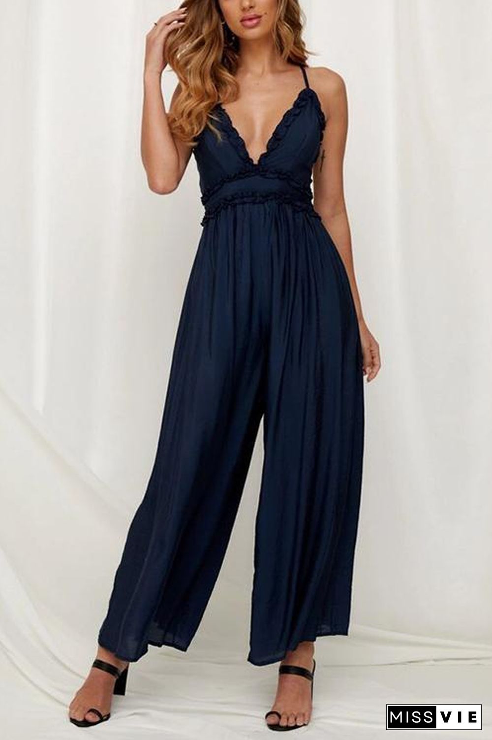 Ruffles V Neck Backless Slip Jumpsuits