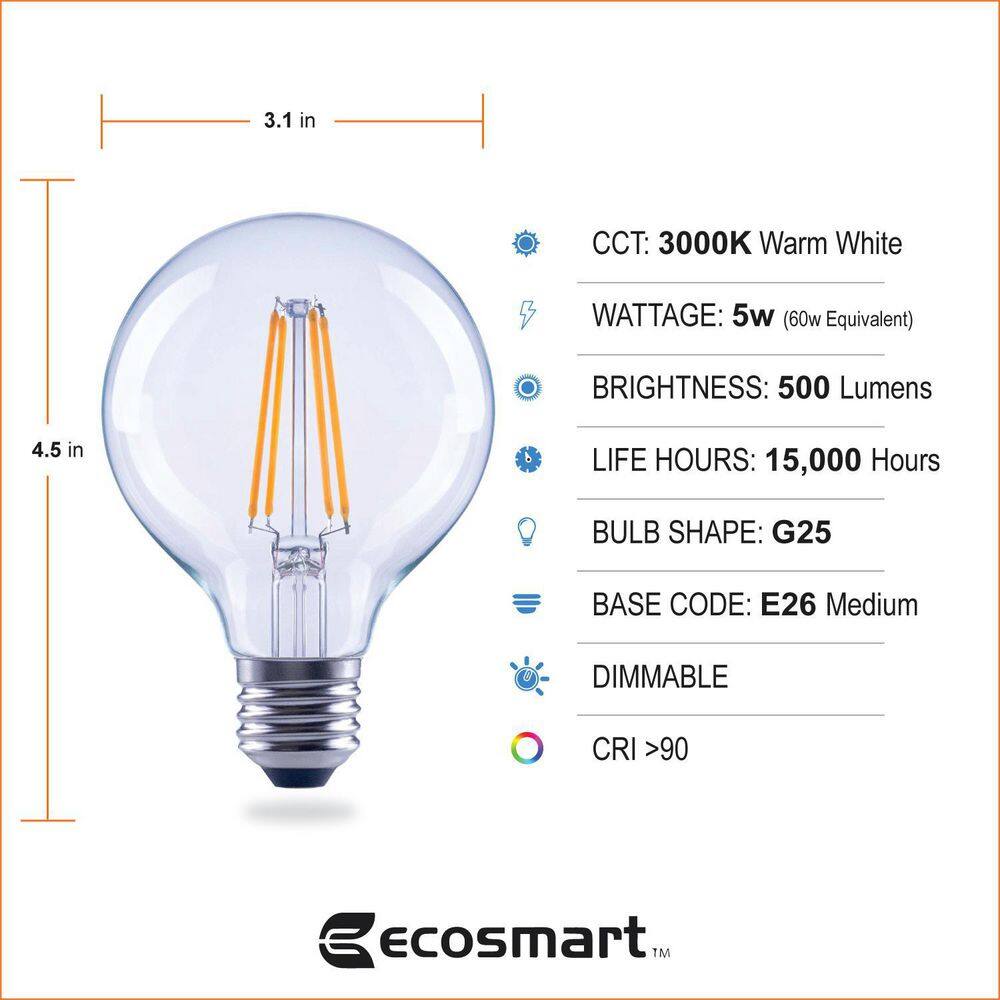 EcoSmart 60-Watt Equivalent G25 Dimmable ENERGY STAR Clear Glass Filament Vintage Edison LED Light Bulb Bright White (3-Pack) FG-03236