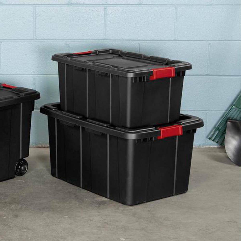 Sterilite 27-Gallon Durable Rugged Industrial Tote wRed Latches in Black (4 Pack) 4 x 14669004