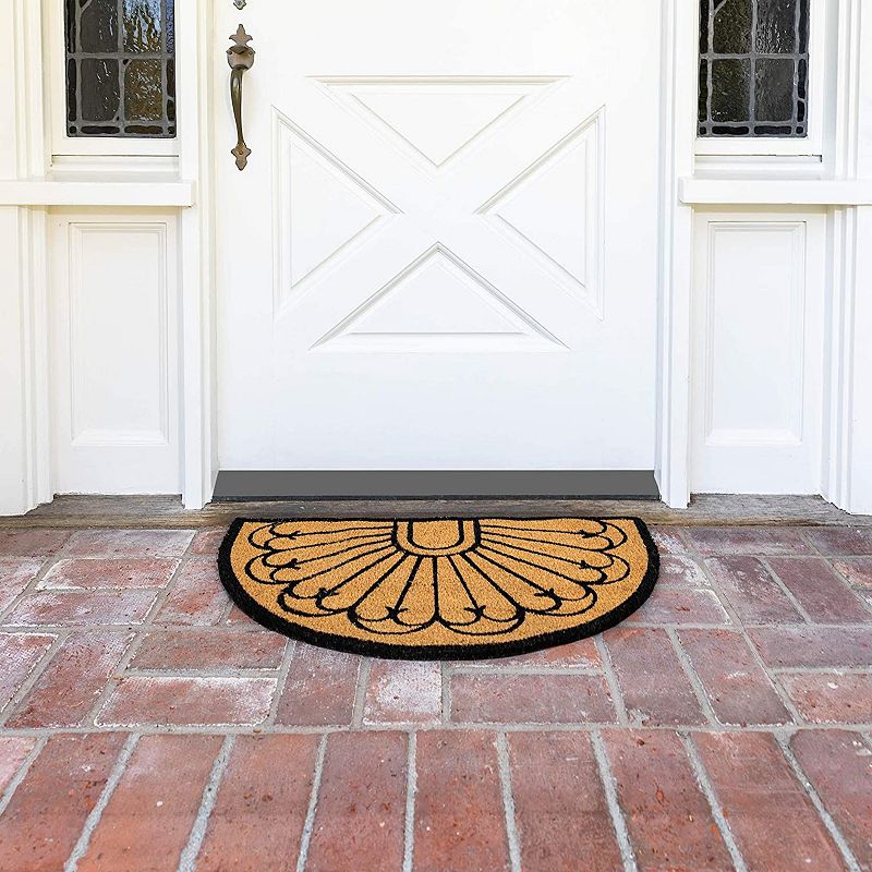 Half Round Natural Coir Nonslip Welcome Door Mat， Black Pattern (17 x 30 in.)