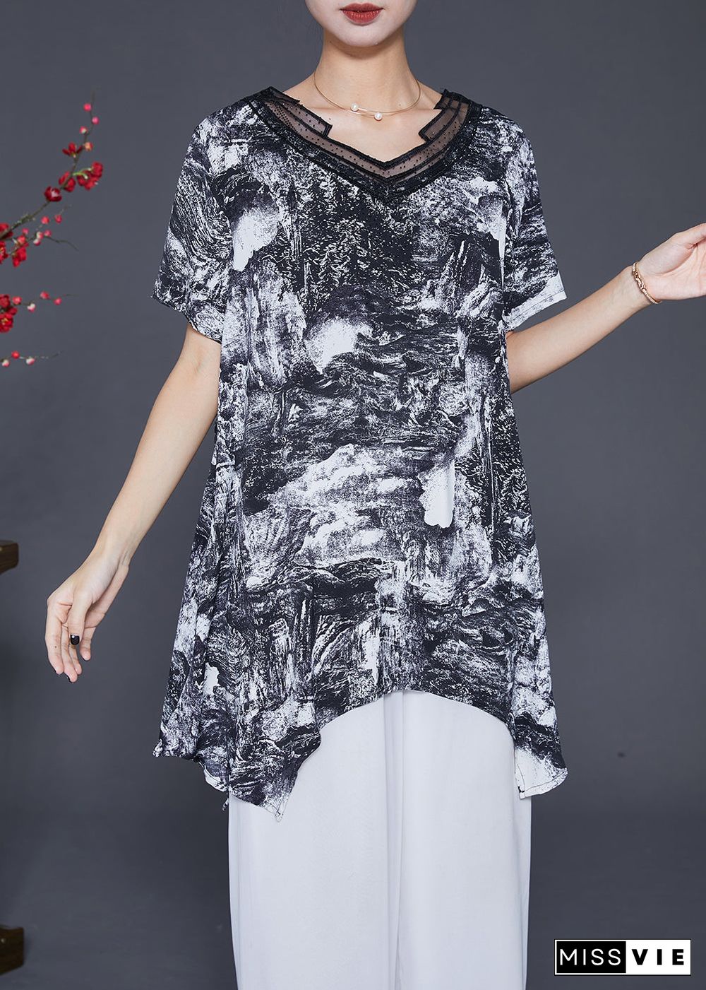 Natural Black Asymmetrical Tie Dye Chiffon Shirt Tops Summer