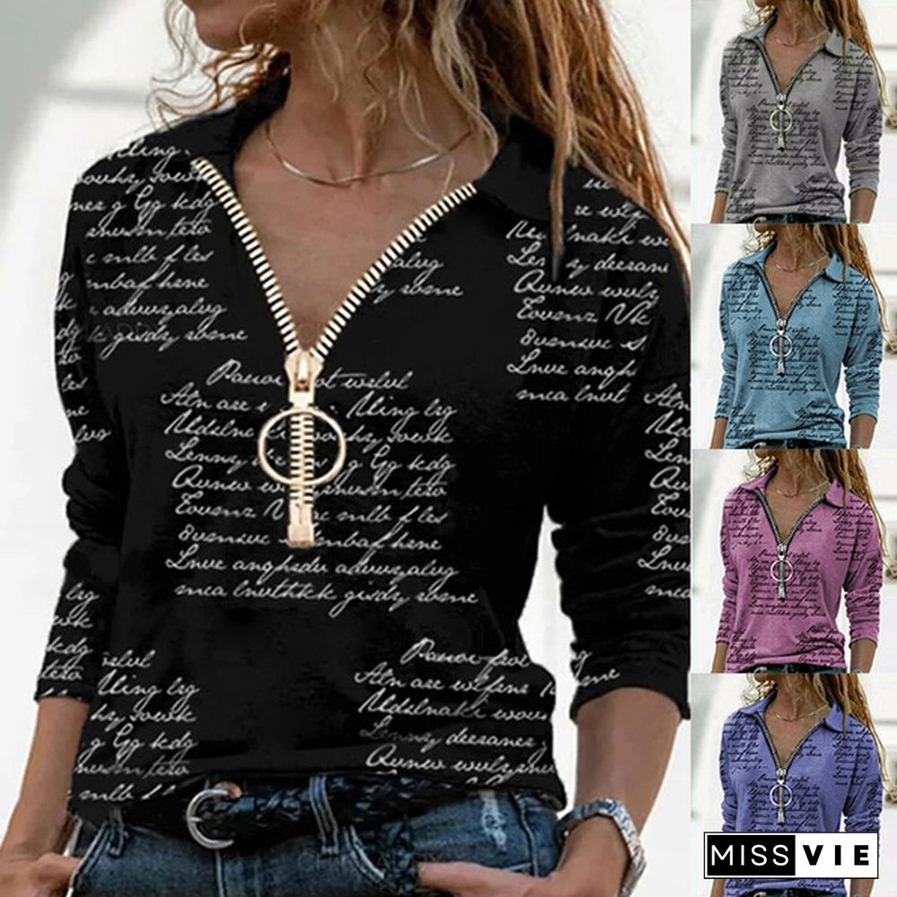 Fashion Women's Fashion V Neck Long Sleeve Tops Ladies Casual Shirts Zipper Letter Print Tops Blouse Plus Size S-5XL