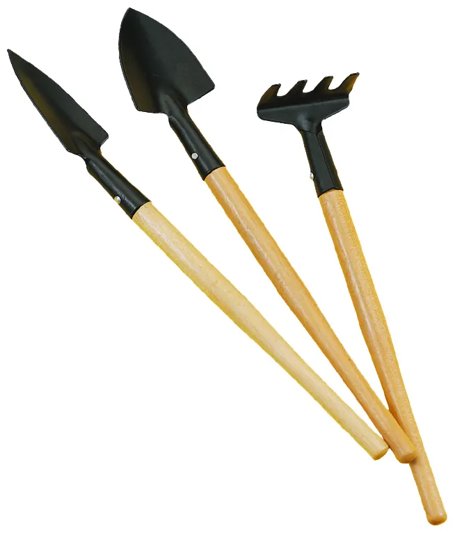 3 pieces Small Carbon Steel Trowel Cultivator Rake Mini Wooden Garden Hand Tools Set