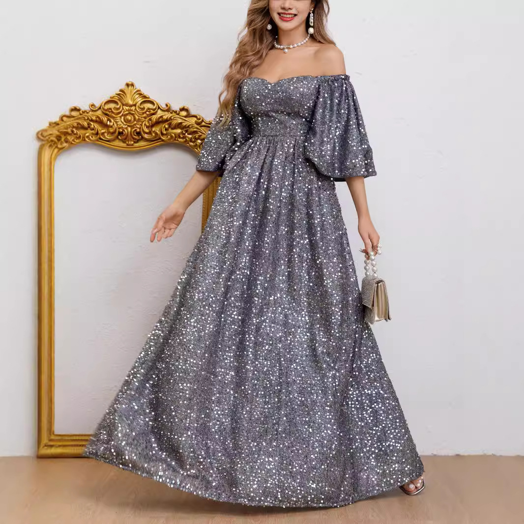 New sequin temperament commuting solid color high waist Lina group host banquet long evening dress