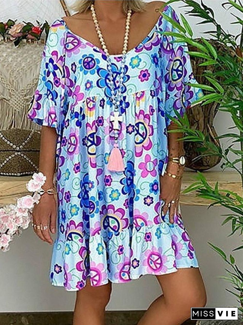 Women's Tunic Knee Length Dress - Short Sleeve Floral Print Summer Basic Hot White Blue Red Light Blue M L XL XXL 3XL 4XL 5XL