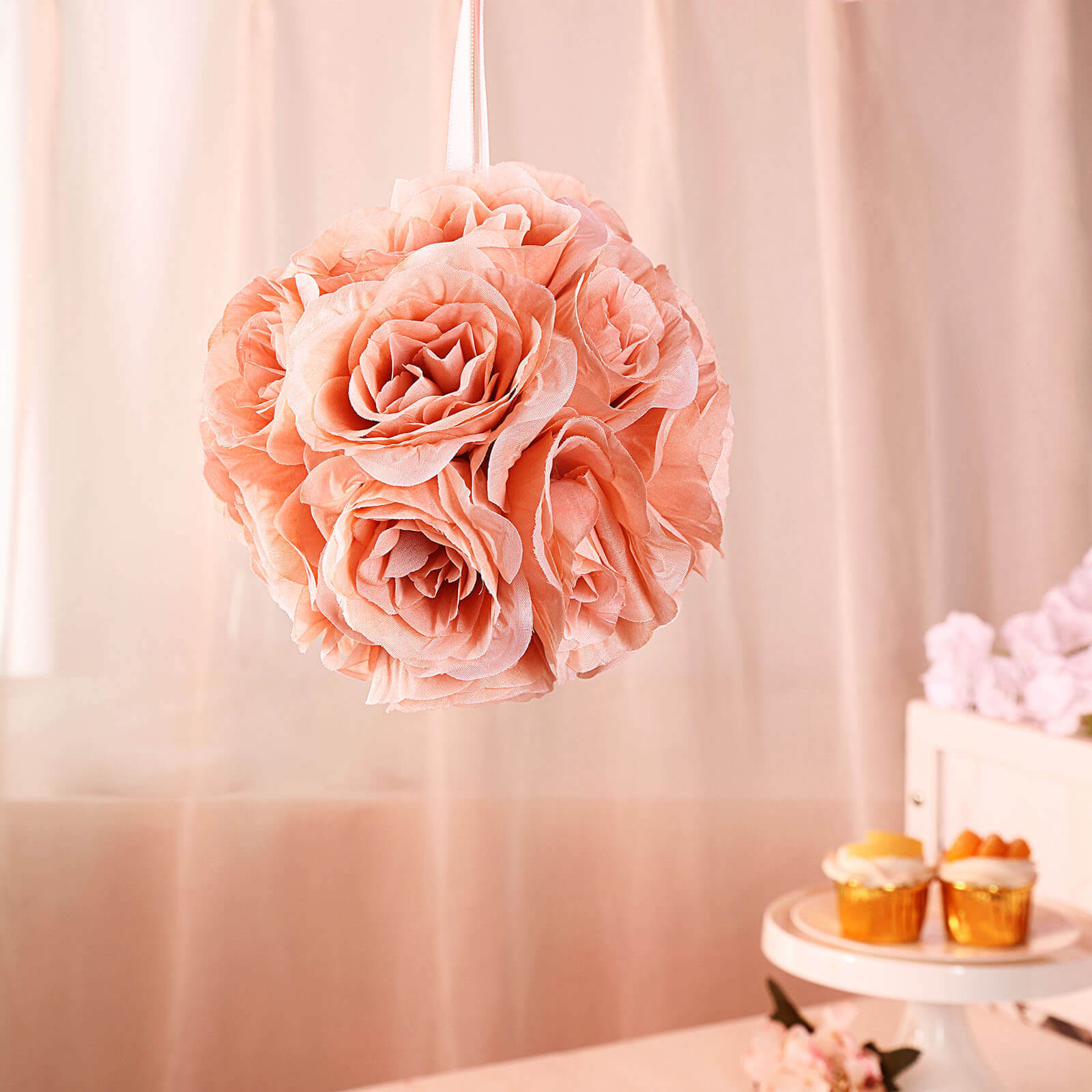 2 Pack Dusty Rose Artificial Silk Rose Kissing Ball, Flower Ball 7