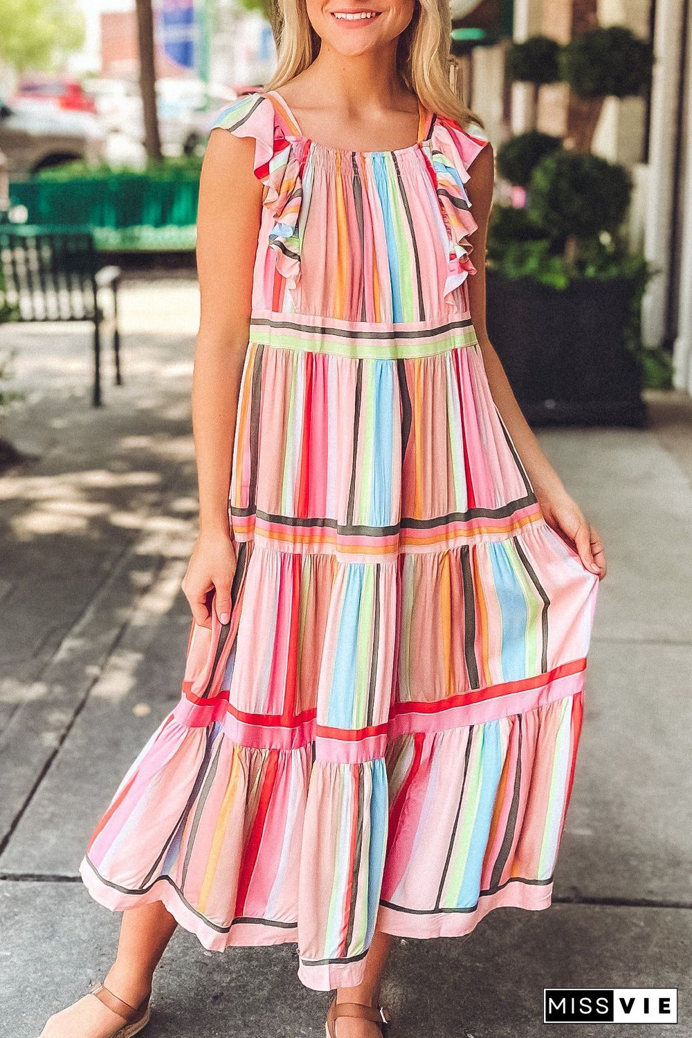 Pink Rainbow Stripe Ruffles Ruched Tiered Dress