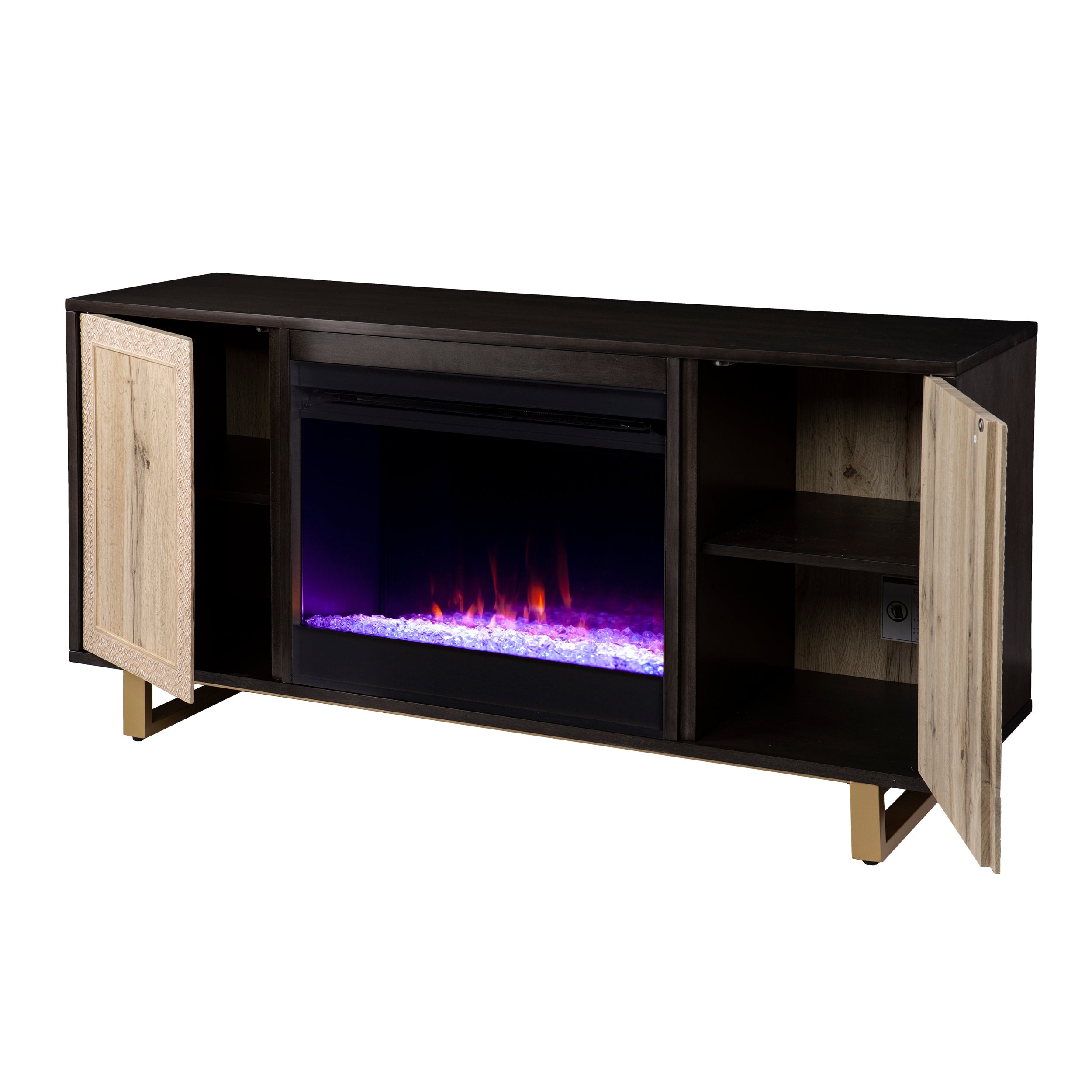 SEI Furniture Wilcola Freestanding Transitional Color Changing Electric Fireplace W/ Media Storage in Dark Brown, Natural, and Gold Finish