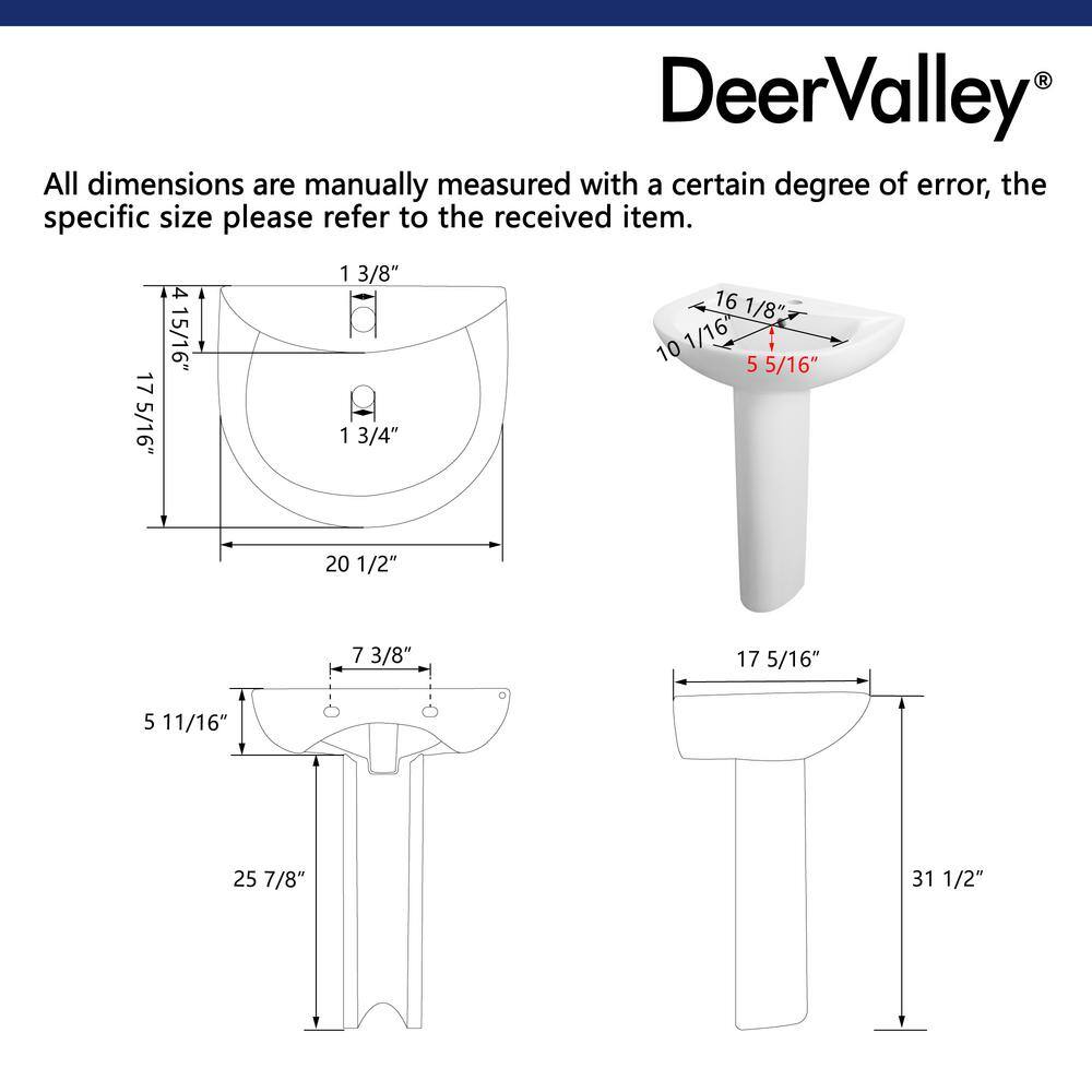 DEERVALLEY Liberty White Vitreous China Pedestal Combo Bathroom Sink in U-Shape Design with Overflow DV-1P523