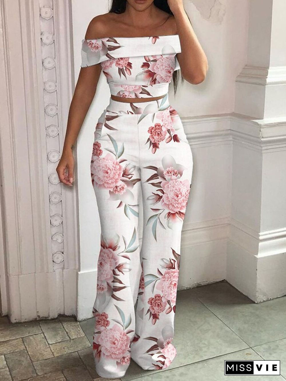 Sexy Lady Slash Neck Printed Slim Crop Top And Slim Print Straight Pants Set Summer Short Sleeve Off Shoulder Casual Women Suits