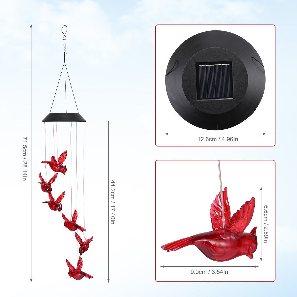 Solar Cardinal Red Bird Wind Chime Lights， Hanging Red Bird Wind Chimes with S Hook Light Sensor， LED Solar Power IP65 Waterproof Moisture-Proof， Outdoor Garden Decor Wind Bell for Patio Yard Home