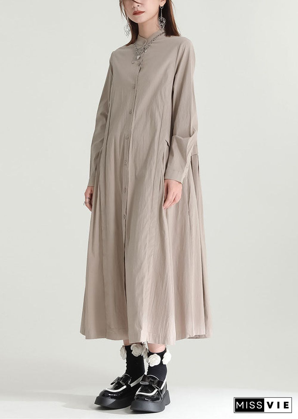 Casual Solid Color Stand Collar Patchwork Linen Long Dress Fall