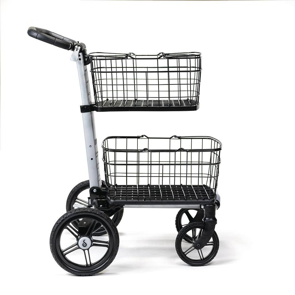 Scout Cart Folding Utility Cart 2 Removable Baskets 7 in. Swivel Front and 10 in. Rear Wheels Rubber Tires Transport Tray for Bins SCV3B