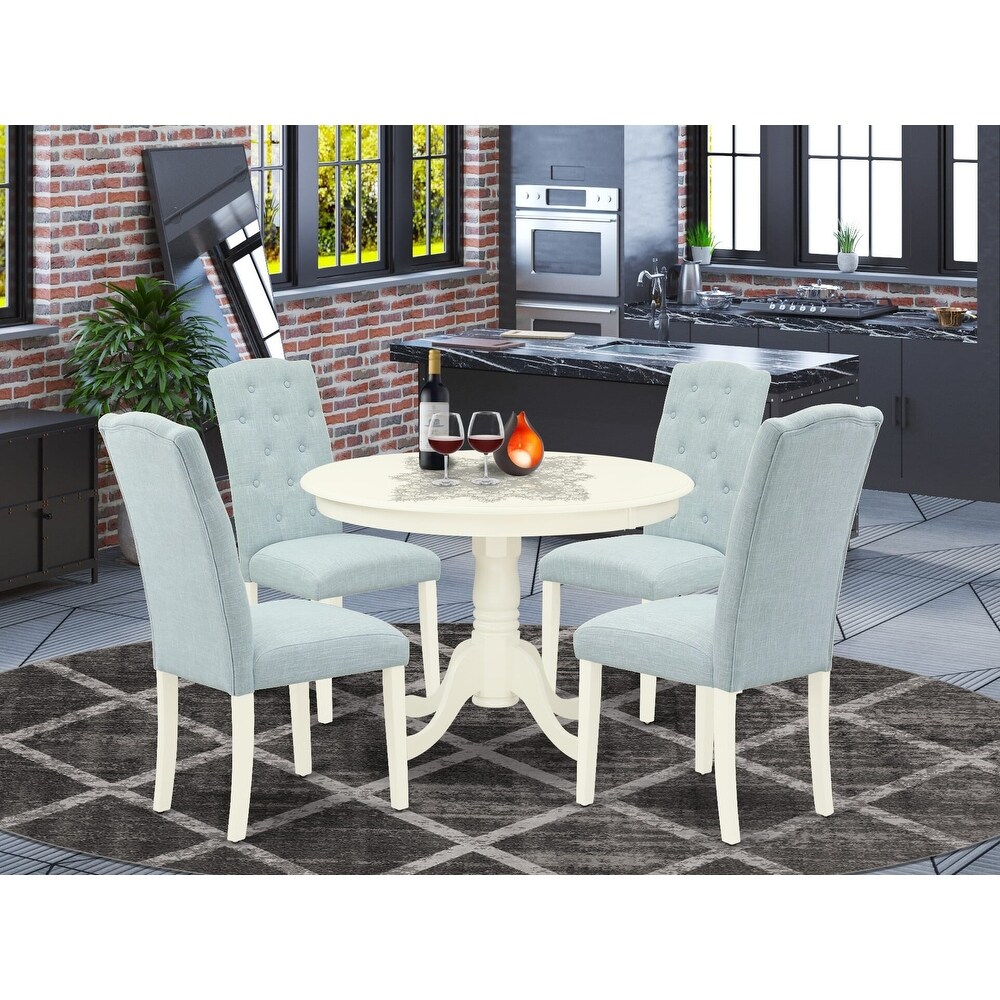 East West Furniture Kitchen Set Dining Table and Parson Chairs in Linen Fabric (Color   Pieces Option)