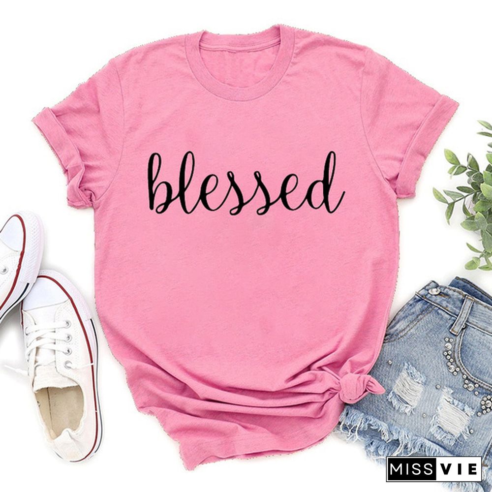 Women's Fashion Printed Blessed Print T-shirts Summer Casual Loose Round Neck Creative Personalized T-shirts