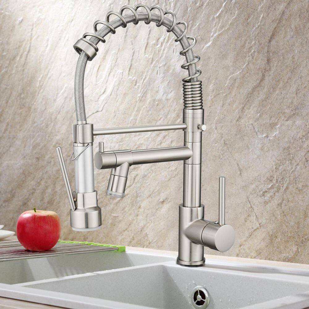 GIVING TREE Single-Handles 2-Spout Pull Down Sprayer Kitchen Faucet with LED Light in Brushed Nickel HDLTQA0013