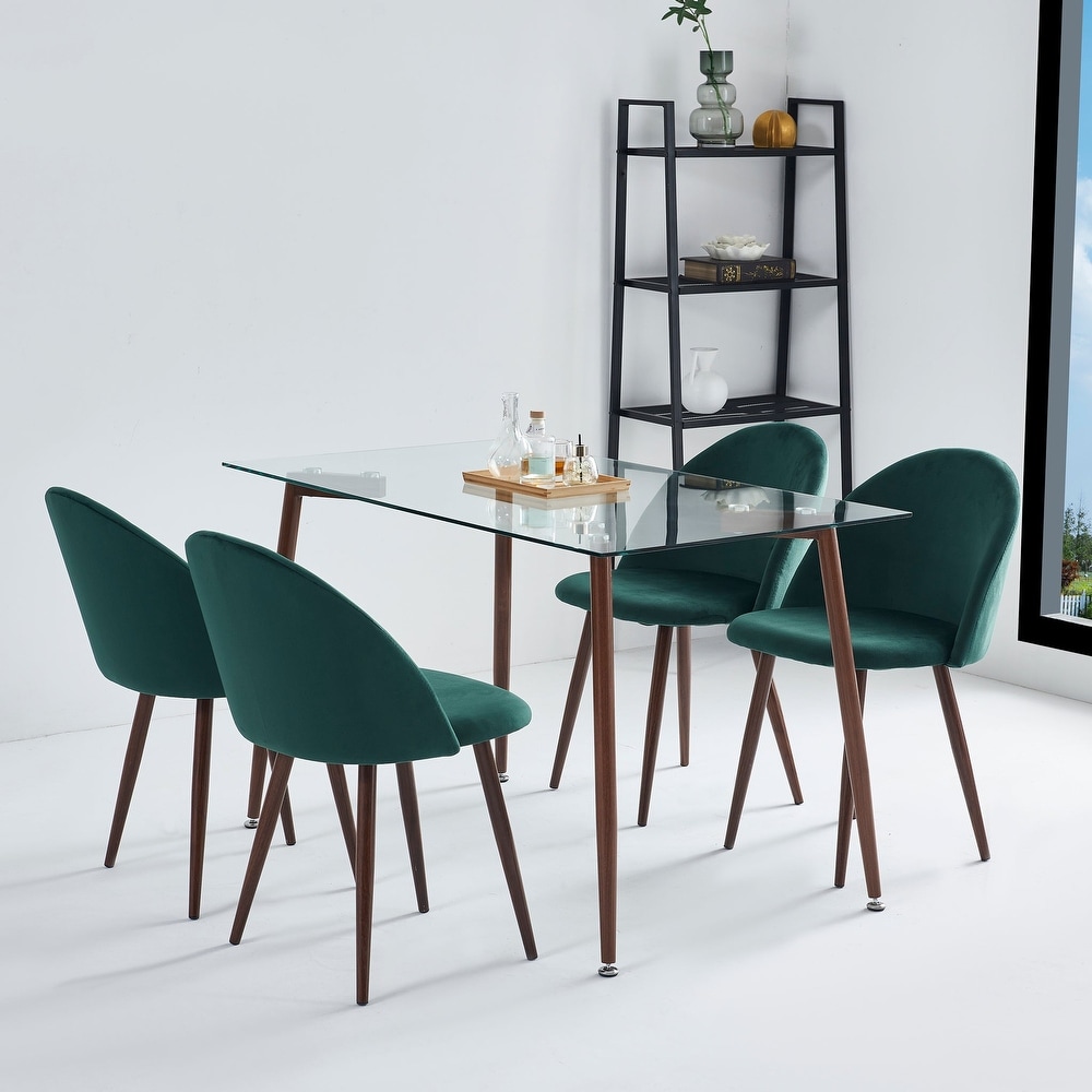 5 PIece Glass Dining Table Set with Velvet Side Chairs for 4  Blue/Green/Gray